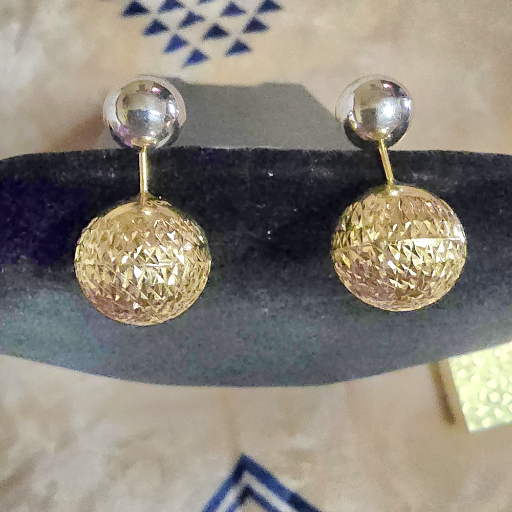 Elegant Two Tone Colors White & Yellow Gold  Ball Earrings Real Solid 18k Gold.